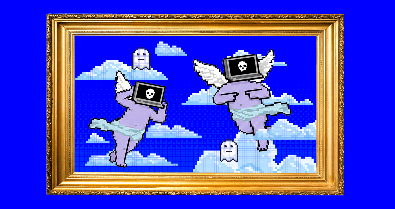 Μοβ αγγελάκια που κρατάνε μπροστά στο πρόσωπο τους μια οθόνη υπολογιστή που απεικονίζει μια νεκροκεφαλή και γύρω τους υπάρχουν σύννεφα και μικρά φαντάσματα