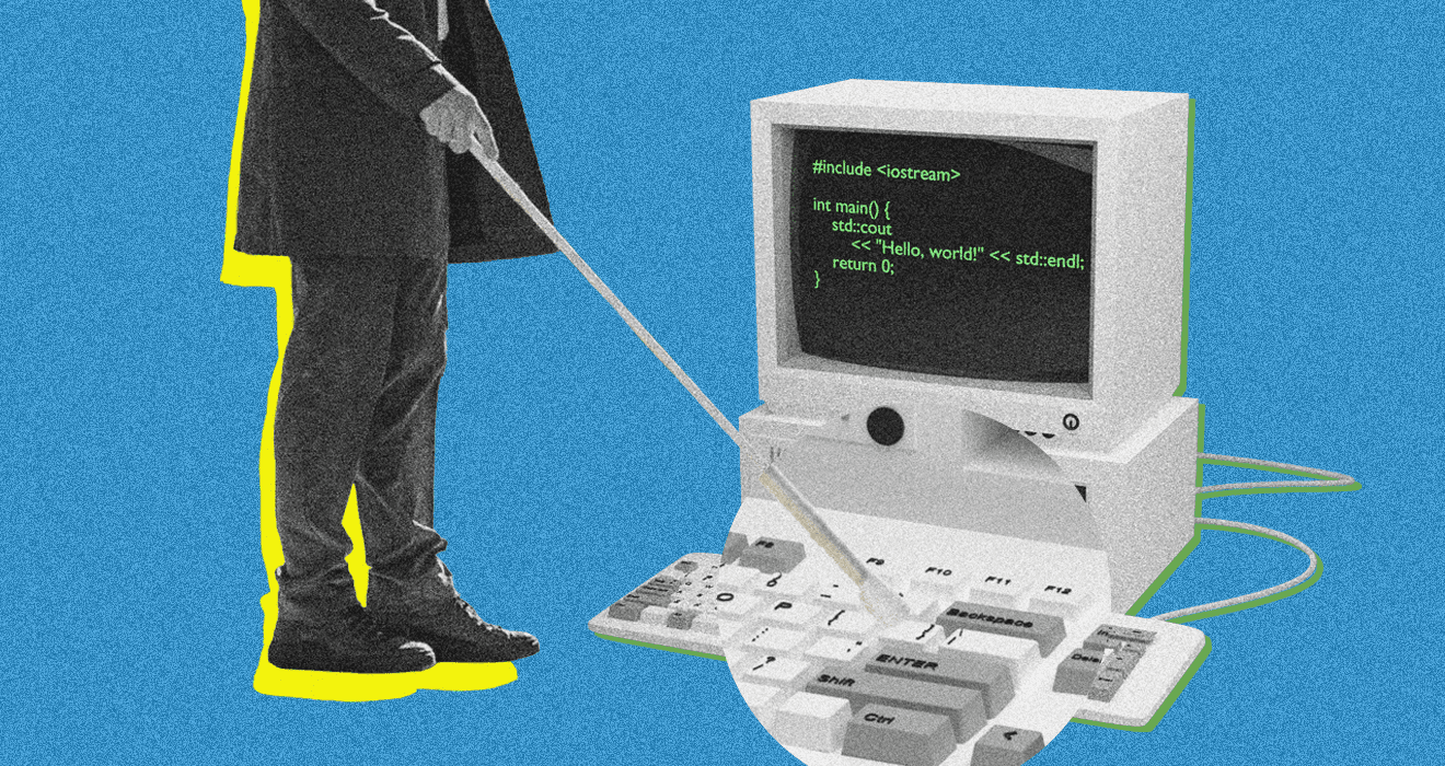 Τυφλός άνθρωπος πατάει σε πληκτρολόγιο υπολογιστή το enter με λευκό μπαστούνι