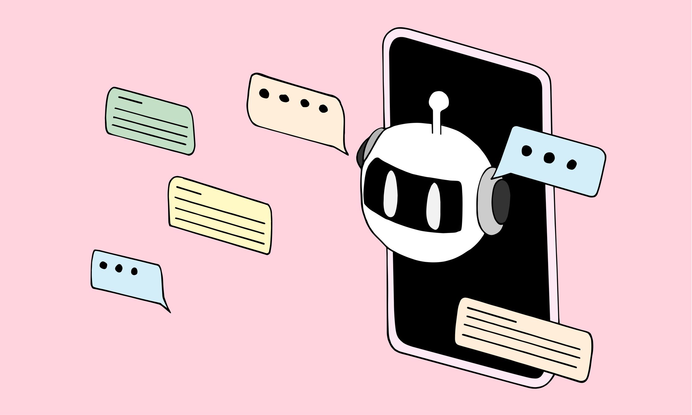 Ένα chatbot που κοιτάζει έξω από την οθόνη ενός smartphone.