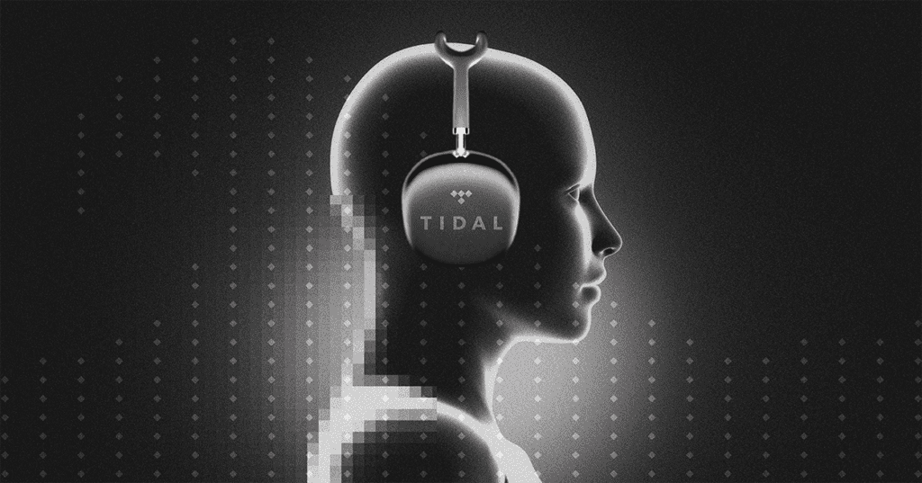 Aνθρώπινη μορφή που φοράει ακουστικά που έχουν πάνω το logo του Tidal
