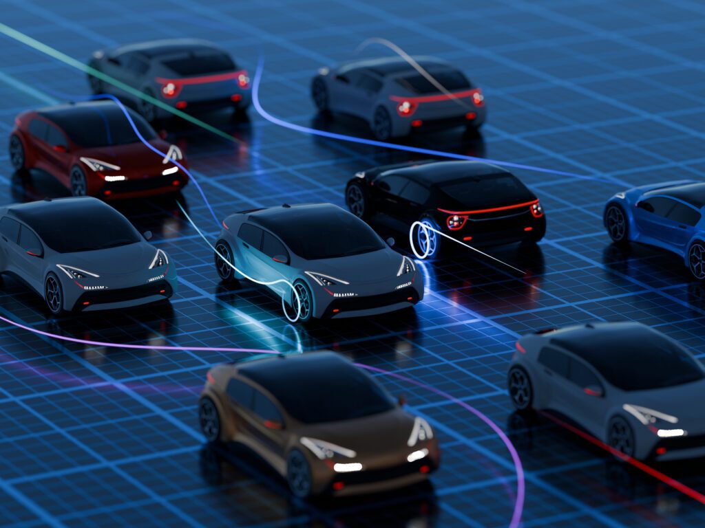 Φουτουριστικά πρωτότυπα ηλεκτρικά αυτοκίνητα σε ένα δίκτυο τεχνητής νοημοσύνης εμπνευσμένο από την επιστημονική φαντασία.