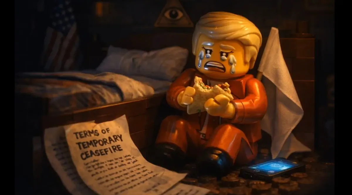Ένας δακρύβρεχτος LEGO Trump τρώει tacos πάνω από το επίσημο έγγραφο της διβδόμαδης εκεχειρίας, που υπεγράφη στις αρχές του Απρίλη. 