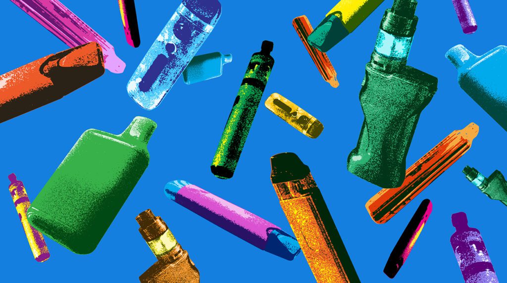 Πολύχρωμες, αλληλοεπικαλυπτόμενες σιλουέτες ηλεκτρονικών τσιγάρων ή ατμοποιητών.