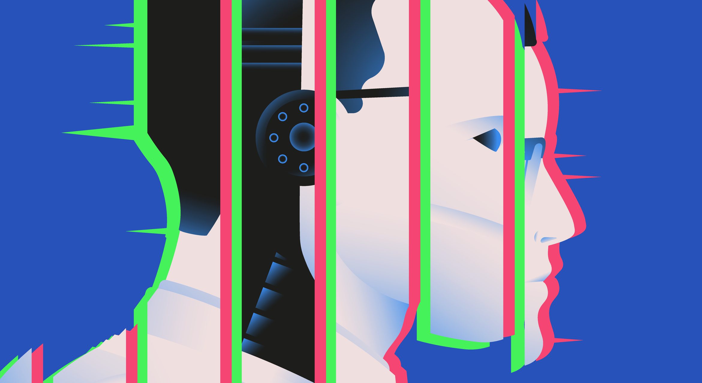 Sliced image of scientist and robot. Artifical intelligence technologies, singularity concept. Vector illustration.