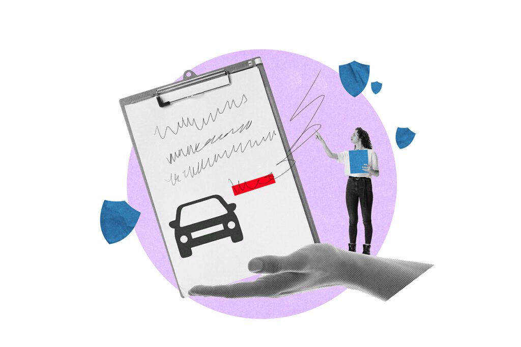 Modern artwork. Insurance form featuring car and handwritten details with woman explaining coverage, symbolizing vehicle insurance and guidance. Concept of business, protection, risks and safety