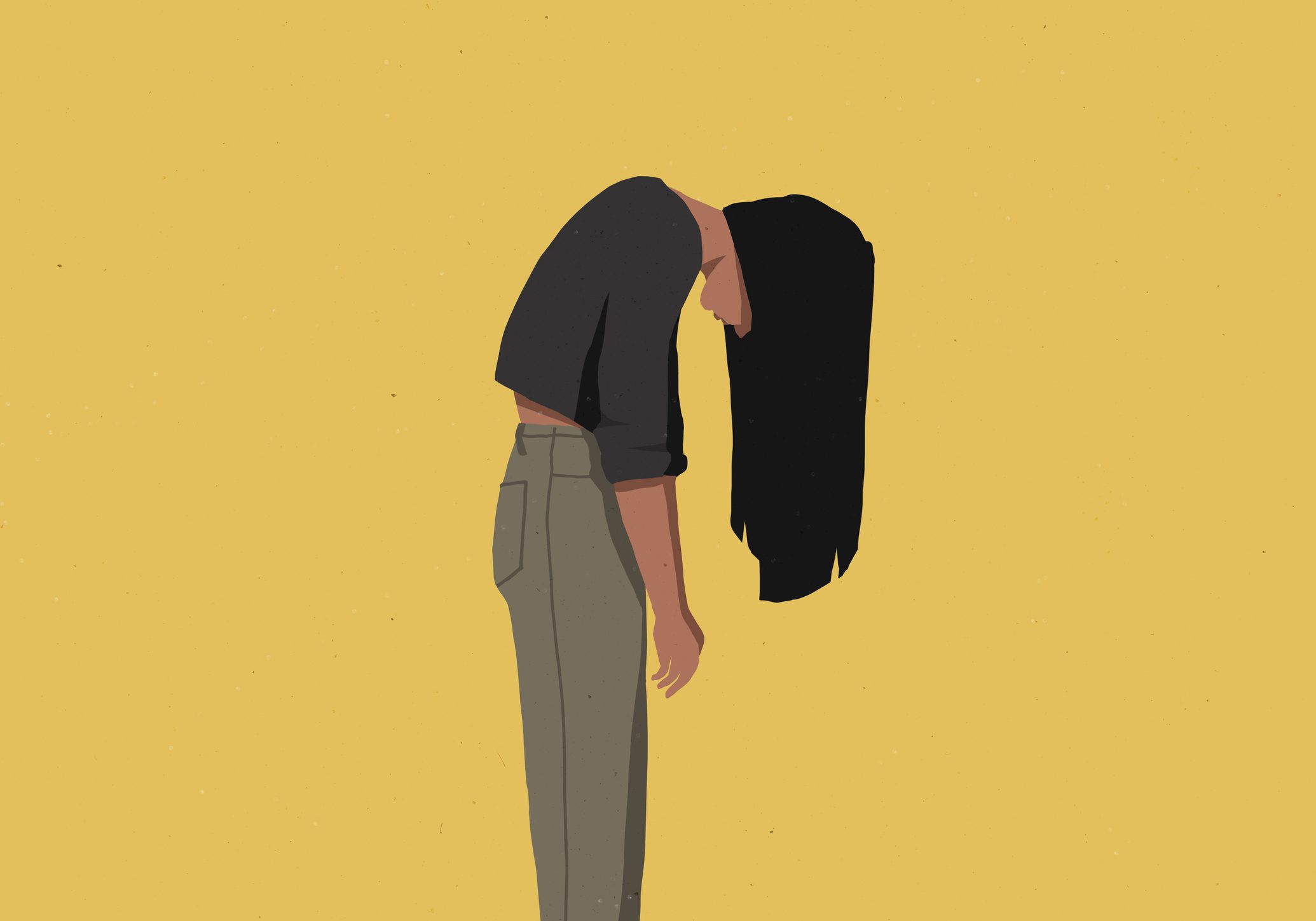 Woman bent over with face obscured in her long hair against yellow background