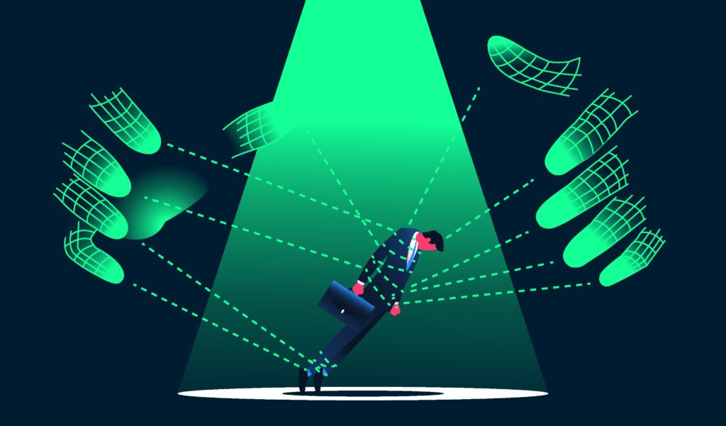 Digital hands manipulating by a man in the suit illustration