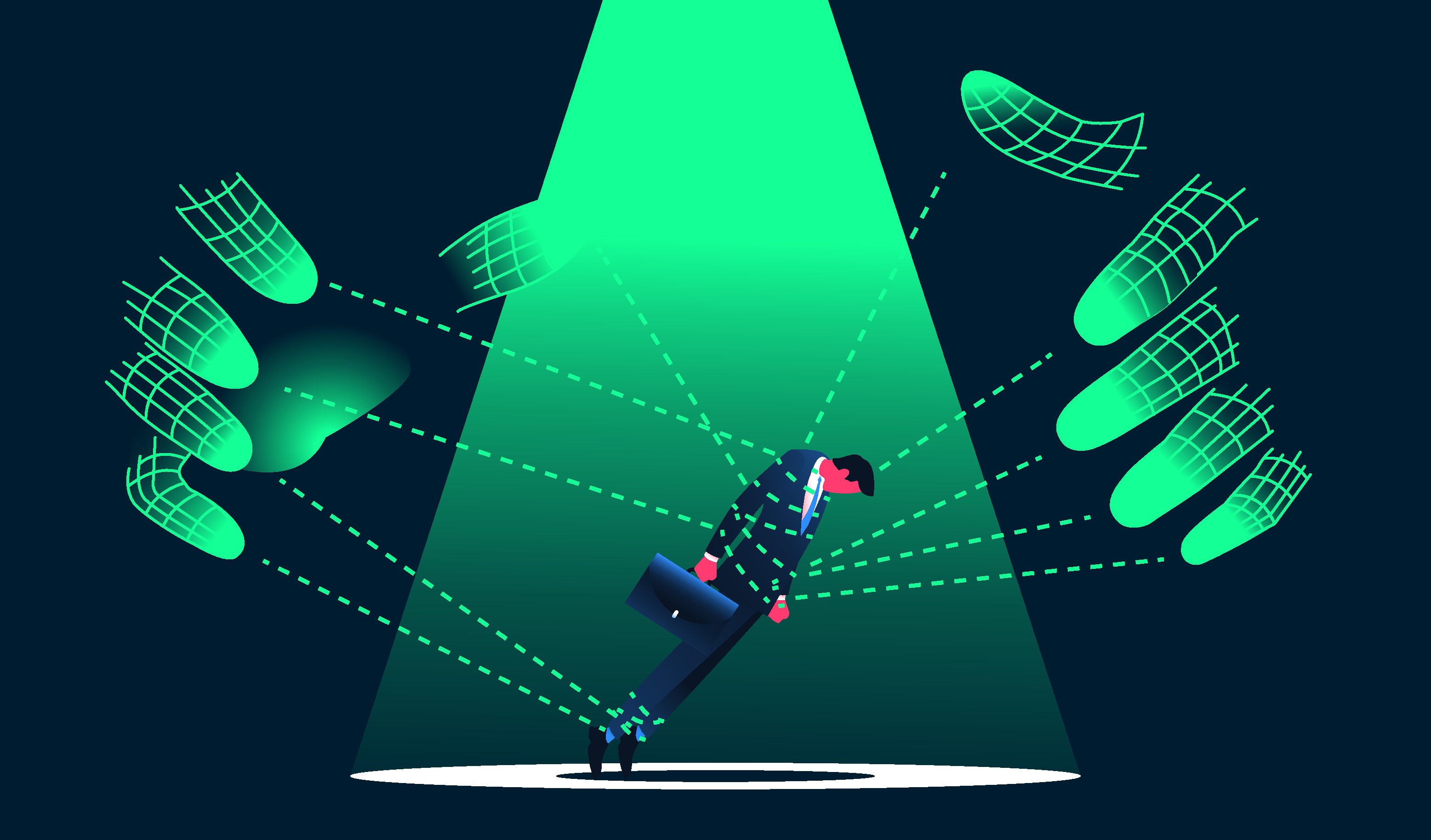 Digital hands manipulating by a man in the suit illustration