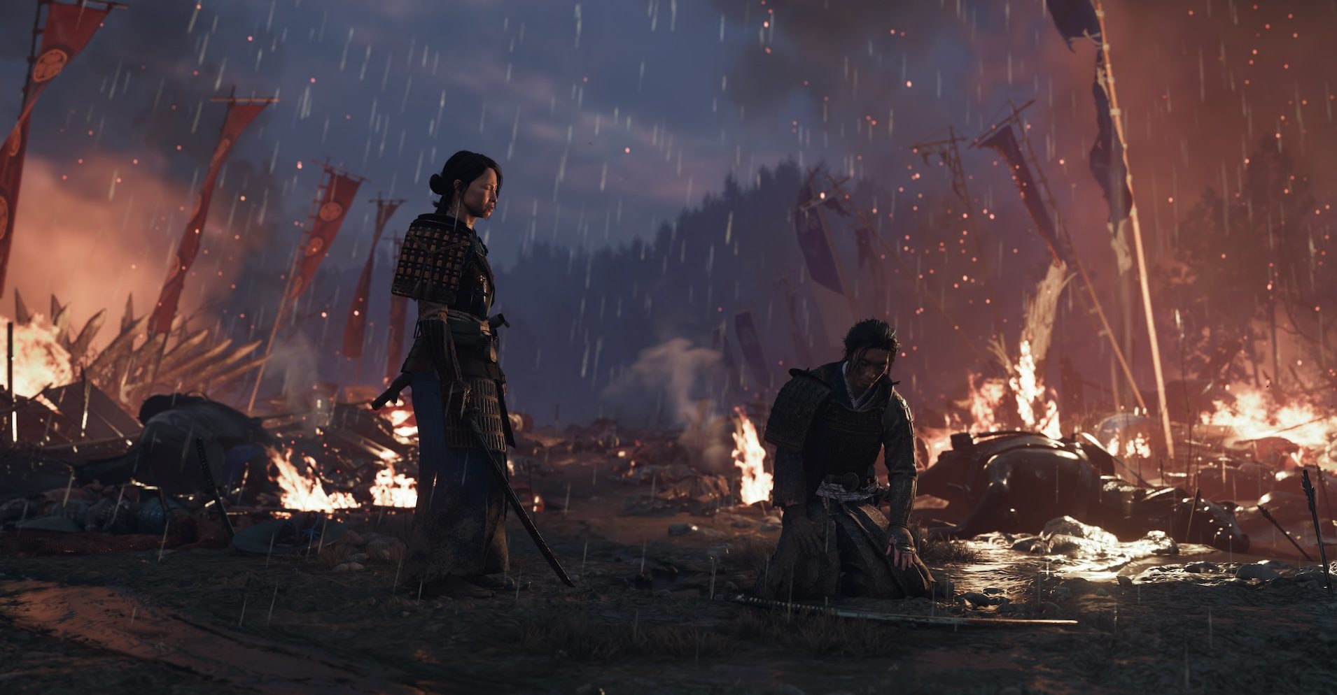 ghost of Yotei fight sequence, one character standing with sword in hand, another kneeling