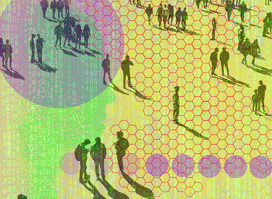 Abstract digital society concept with people silhouettes and hexagon pattern